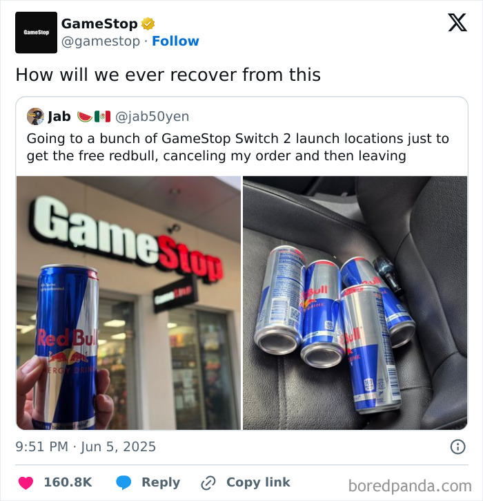 Tweet humor about GameStop Switch 2 launch crowds and free Red Bull captured in funny relatable social media posts.