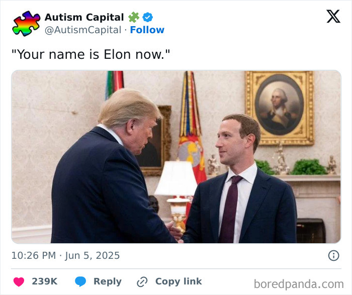 Two men shaking hands in a formal room, an ironic meme caption adds a humorous twist, sparking curiosity and shares.