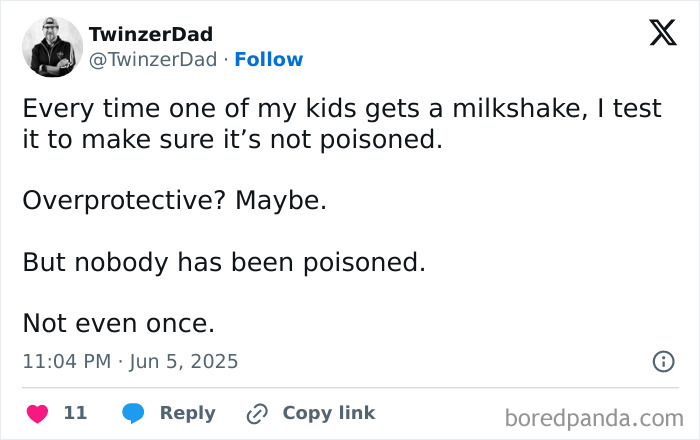 Screenshot of a humorous parenting post on X about testing kids' milkshakes to ensure safety and avoid poison.