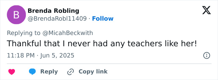 User tweet expressing relief about never having teachers like the one involved in vile woman t-shirt controversy.