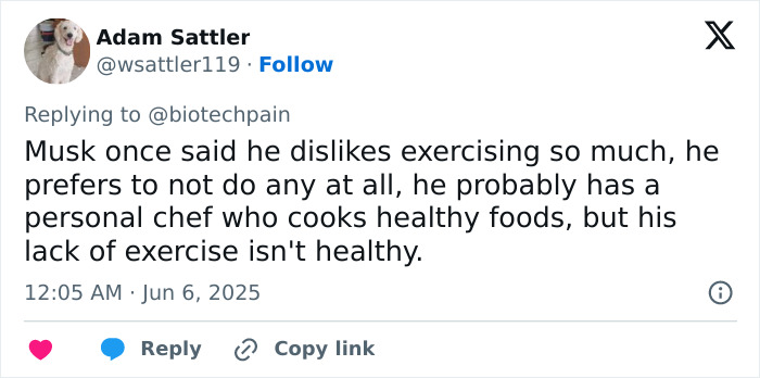 Social media comment discussing Elon Musk&rsquo;s lack of exercise linked to his sudden aging after feud with Donald Trump.