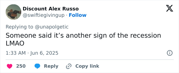 Tweet from Discount Alex Russo joking about recession, relating to the concerning trend of famous lesbians getting boyfriends.