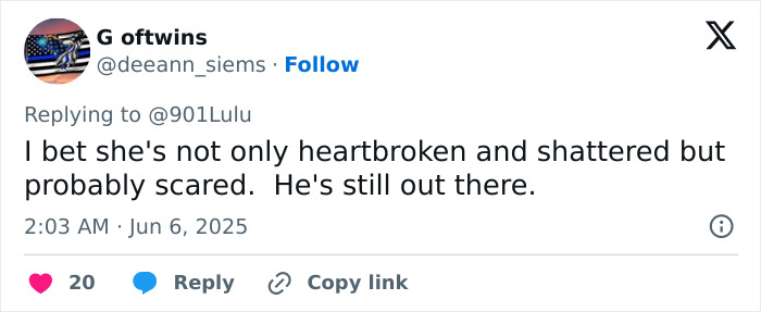 Screenshot of a social media reply expressing concern about the dad who suffocated three daughters and is still at large.