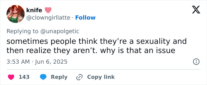 Tweet discussing perspectives on sexuality in response to a trend about famous lesbians getting boyfriends this year.