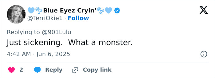 Screenshot of a social media reply calling the man who suffocated three daughters a monster, expressing disgust.