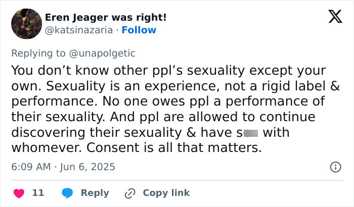 Tweet discussing the complexity of sexuality and consent amid the trend of famous lesbians getting boyfriends this year.