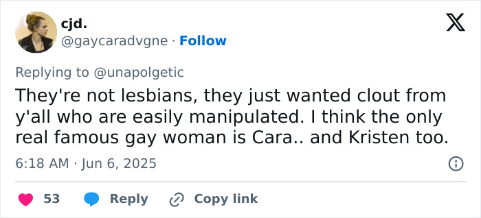 Tweet by user cjd discussing famous gay women and controversy about lesbians getting boyfriends in 2025 trend.