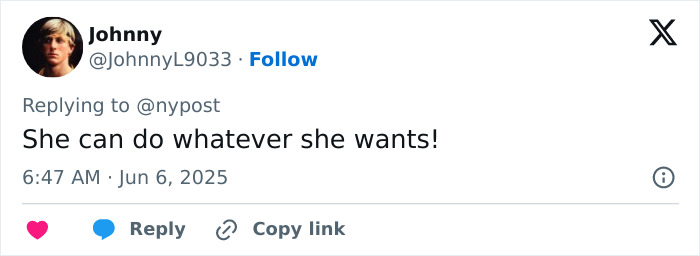 Tweet from user Johnny expressing support with text She can do whatever she wants about swimmer kicked out of Olympic village incident. Tweet from user Johnny expressing support with text She can do whatever she wants about swimmer kicked out of Olympic village incident.