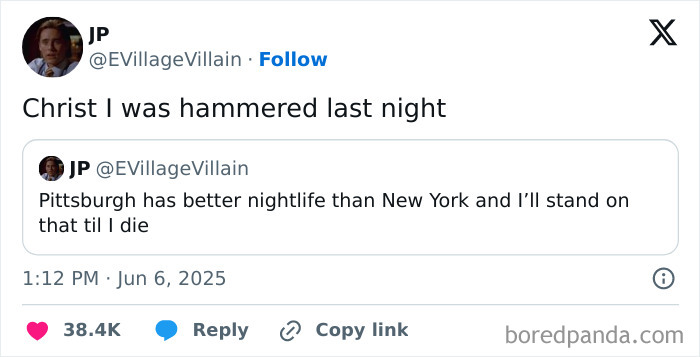 Tweet about Pittsburgh nightlife humor, part of the best tweets that c*****d people up this June with high engagement.