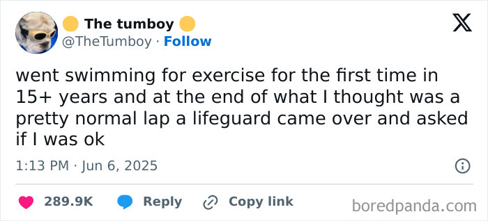 Tweet from The tumboy about swimming exercise after 15 years, part of best tweets that c*****d people up in June 2025.