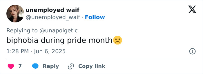 Tweet discussing biphobia during Pride Month with sad emoji, highlighting reactions to famous lesbians getting boyfriends trend.