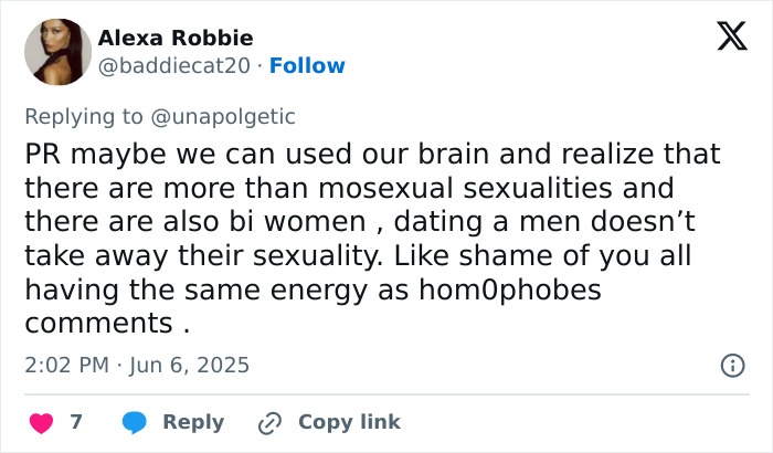 Twitter screenshot of Alexa Robbie addressing sexuality and dating, highlighting famous lesbians and boyfriend trend discussion.
