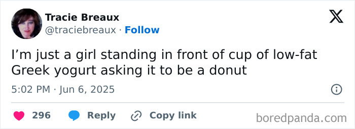 Parenting humor tweet about a girl asking low-fat Greek yogurt to be a donut, showcasing funny parenting moments.