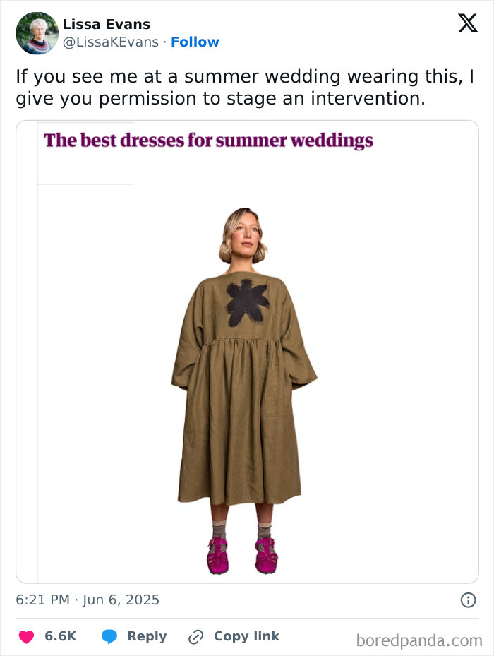 Tweet humor showing a woman in an unconventional summer dress, highlighting best tweets that c*****d people up June.