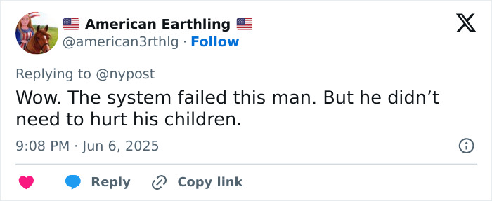 Tweet expressing shock over a father who suffocated three daughters, mentioning police search history and likely hideout details.