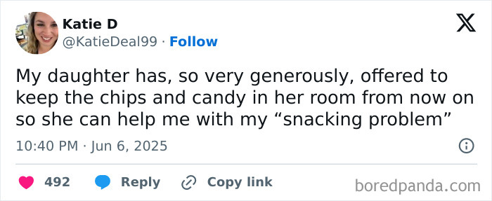 Screenshot of a funny parenting X post about a daughter offering to help with snacking problems.