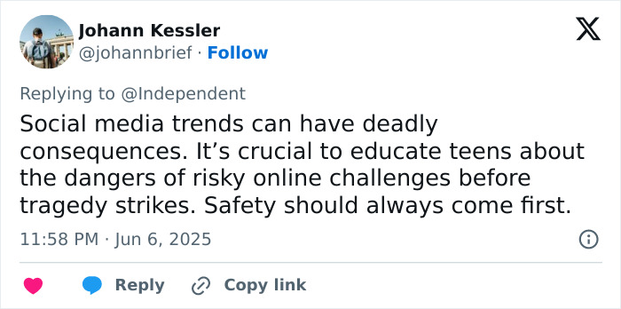 Tweet by Johann Kessler warning about the dangers of risky online challenges and the importance of teen safety.