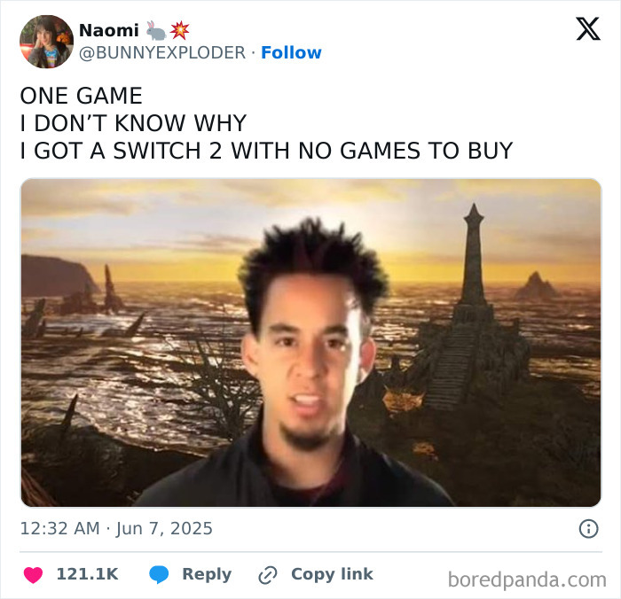 Tweet about owning a Switch 2 with no games to buy, featured in best tweets that c*****d people up this June.