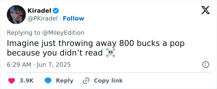 Tweet criticizing fans who spent $800 expecting a Miley Cyrus concert, highlighting disappointment at video premiere event.