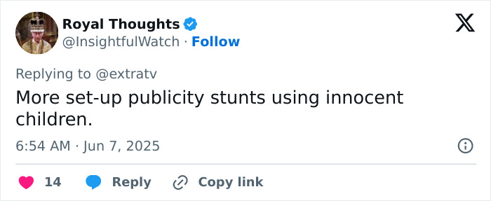 Tweet from Royal Thoughts criticizing Meghan Markle&rsquo;s Disneyland family post amid backlash over pregnancy dance.