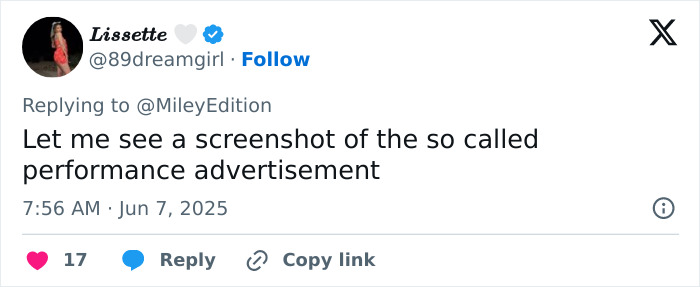 Tweet from user questioning performance advertisement, referencing Miley Cyrus booed by fans expecting a concert after paying $800