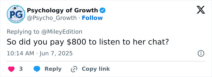 Screenshot of a tweet discussing Miley Cyrus and fans upset about paying 800 dollars expecting a concert.