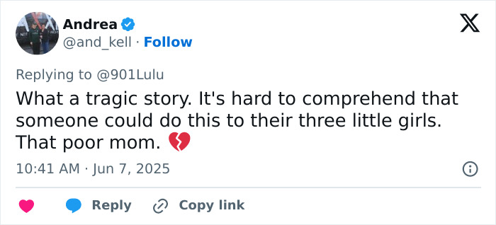 Screenshot of a tweet expressing grief about the dad who suffocated three daughters and police sharing his search history.
