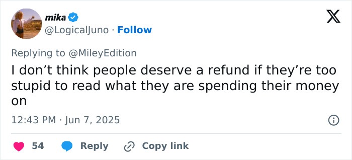 Tweet criticizing fans for expecting a concert and demanding refunds at Miley Cyrus video premiere, highlighting $800 payment issue.