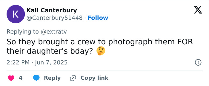 Twitter comment questioning Meghan Markle&rsquo;s Disneyland family post about a crew photographing their daughter's birthday.