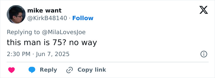 Tweet by user mike want questioning if a famous 80s rockstar is 75, showing surprise at his age.