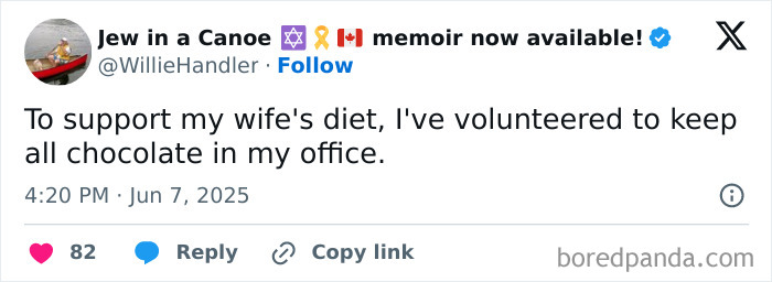 Parenting humor tweet about supporting spouse's diet by keeping all chocolate in the office, shared on a social platform.
