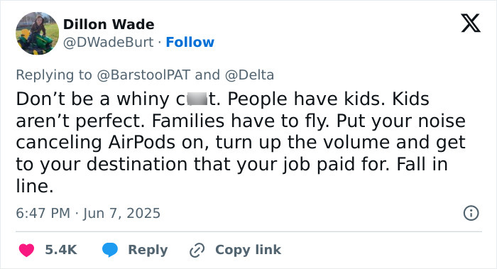 Tweet by Dillon Wade addressing parenting versus passenger debate over screaming baby during flight, advocating noise-canceling AirPods use.
