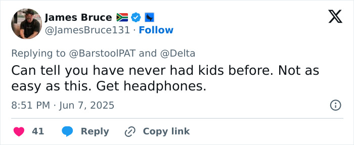 Tweet from user James Bruce advising to use headphones for a screaming baby during a man&rsquo;s mid-flight meltdown debate about parenting versus passenger.