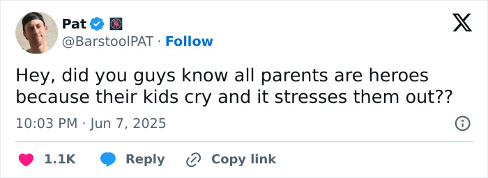 Tweet from Pat discussing parenting stress caused by kids crying during flights in a heated parenting versus passenger debate.