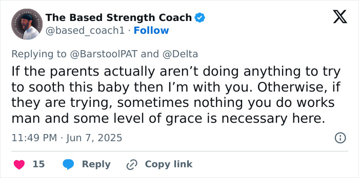 Tweet discussing a man&rsquo;s mid-flight meltdown over a screaming baby and the debate between parenting and passengers.