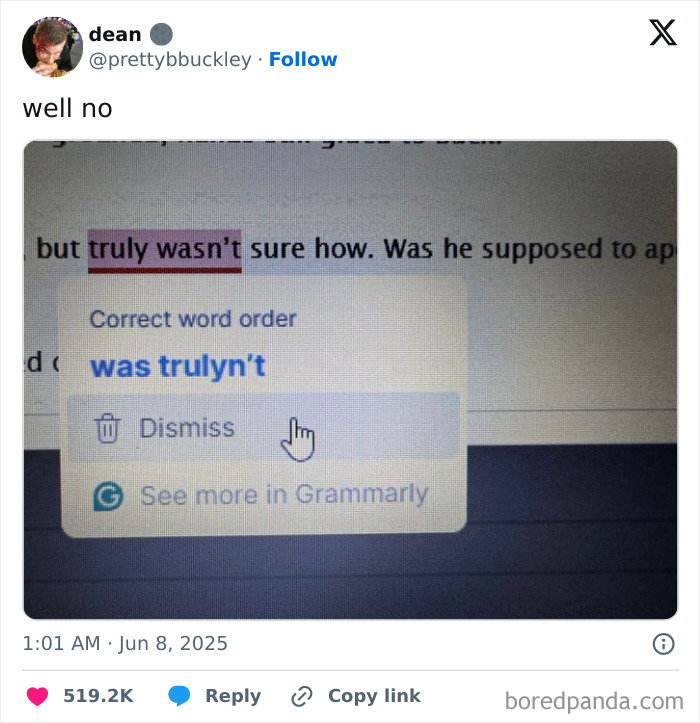 Screenshot of a humorous tweet showing a funny Grammarly correction with best tweets that c*****d people up.