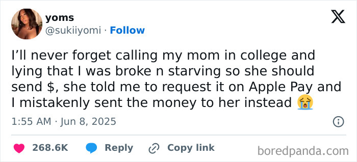 Funny tweet about a college student accidentally sending money to their mom, part of the best tweets that c*****d people up.