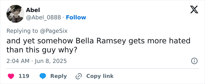 Tweet by user Abel questioning why Bella Ramsey gets more hate than Jared Leto amid inappropriate underage claims expos&eacute;.