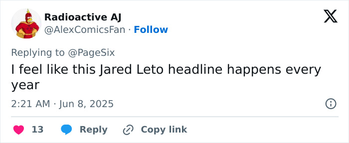 Tweet from Radioactive AJ commenting on Jared Leto headlines mentioning inappropriate underage claims in new expos&eacute;.