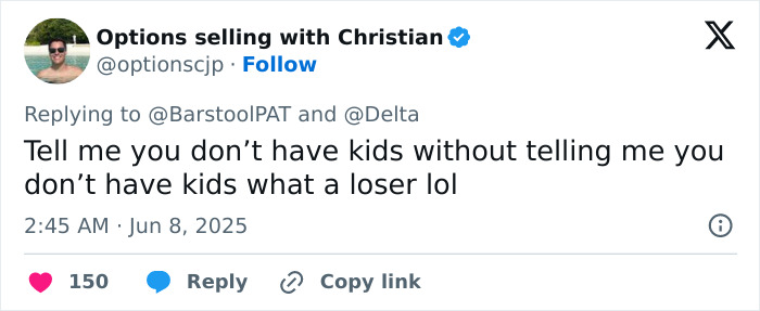 Tweet from user Options selling with Christian reacting to a man&rsquo;s mid-flight meltdown over a screaming baby sparking passenger versus parenting debate.