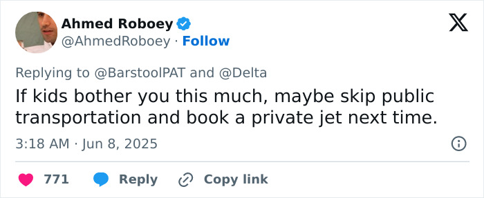 Tweet by Ahmed Roboey suggesting skipping public transport and booking a private jet amid man&rsquo;s mid-flight meltdown over screaming baby debate.