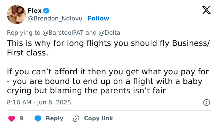 Tweet discussing a man&rsquo;s mid-flight meltdown over a screaming baby sparking parenting versus passenger debate.