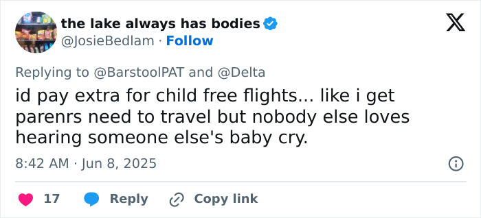 Tweet expressing frustration with crying babies on flights, sparking debate over parenting versus passenger concerns mid-flight.
