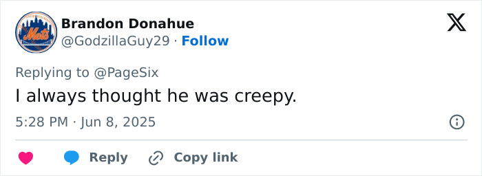 Screenshot of a social media reply expressing that Jared Leto is seen as creepy amid underage claims expos&eacute;.