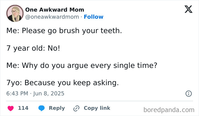 Parenting humor tweet showing a funny argument between a parent and 7-year-old about brushing teeth.