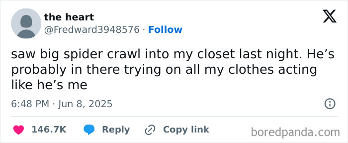 Screenshot of a funny tweet about a spider trying on clothes, part of the best tweets that c*****d people up this June.