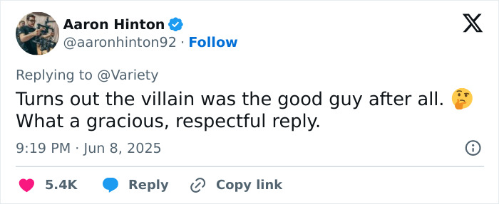 Tweet by Aaron Hinton responding to Variety, commenting on a gracious and respectful reply regarding Tom Felton and J.K. Rowling.