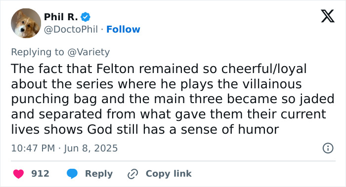 Tweet discussing Tom Felton's loyalty to the Harry Potter series amid fan reactions to his red carpet comments.