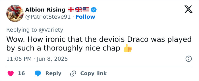 Tweet from Albion Rising reacting to Tom Felton's red carpet comments about J.K. Rowling, sparking Harry Potter fan outrage.