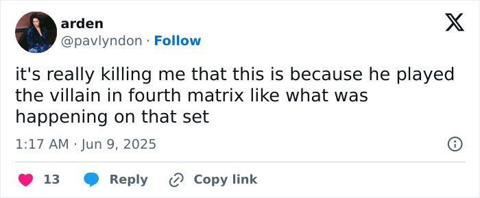 Tweet discussing Keanu Reeves' role in the fourth Matrix film and referencing a moment at the 2025 Tony Awards.